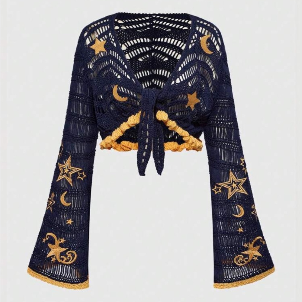 🌙ROMWE Navy and Gold Crochet Star and Moon Top🌙